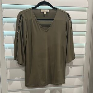 Michael Kors Olive V-Neck Blouse with Gold Accents